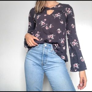 dark grey long sleeve blouse w/ floral design